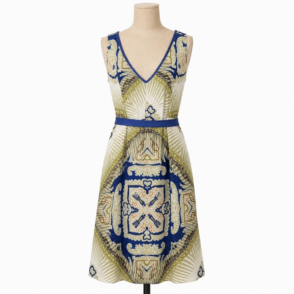 Anthropologie‎ 100% Silk Paisley Mini Dress Size XS Blue Green Euro Indie Grunge